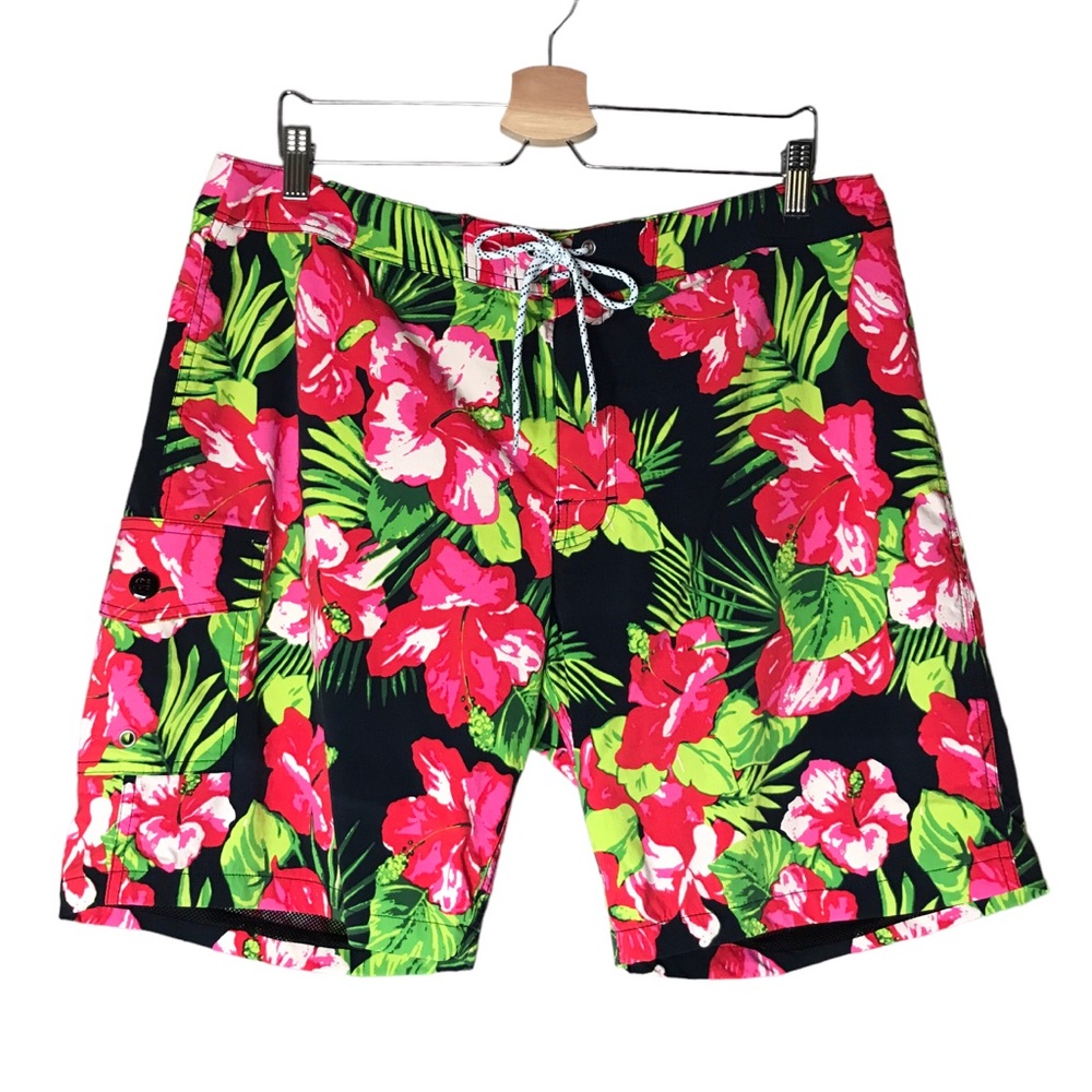 J. Crew Stretch Eco Board Short Swim Hibiscus Print Floral Black Pink Men's 36